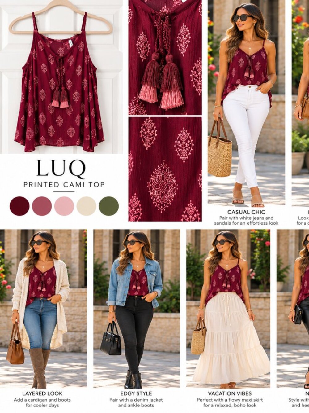LUQ Burgundy Pink Boho Medallion Print Tassel Tie Cami Tank Top Size XL